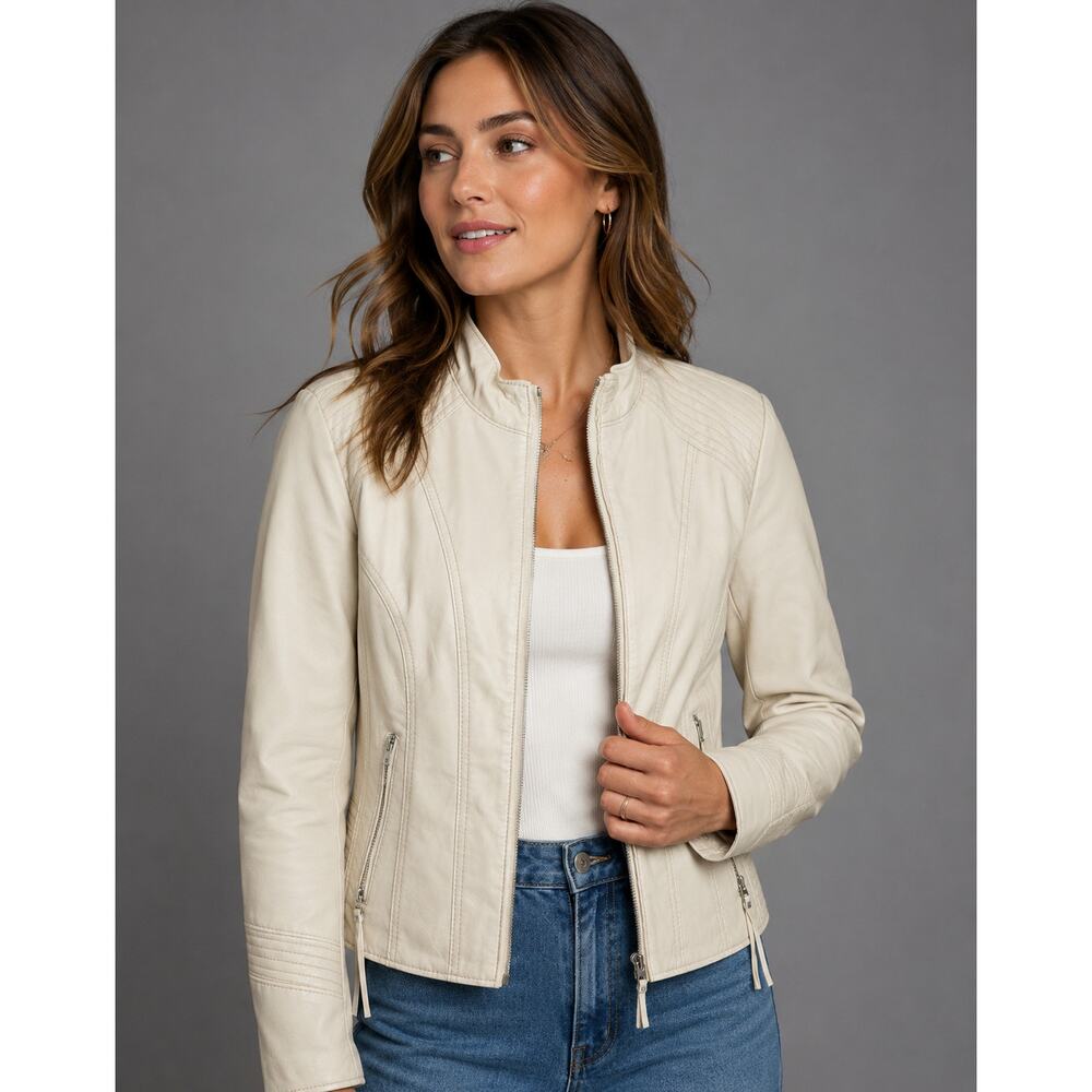 DressBarn Cream Faux Leather Moto Jacket Womens M Zip Minimalist